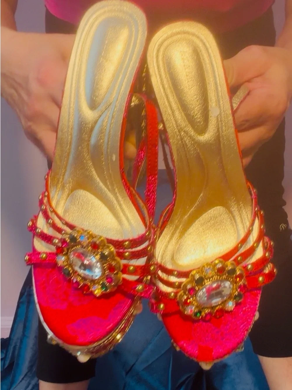 Red Jeweled Platform Sandals with Ankle Strap and Gem Accents
